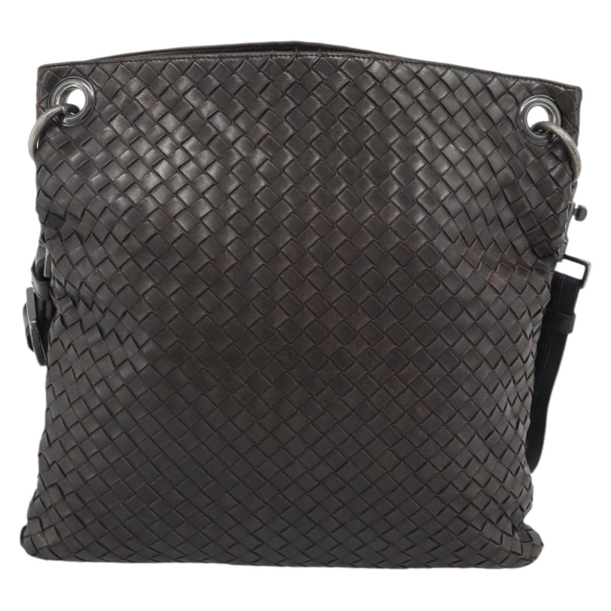 BOTTEGA VENETA INTRECCIATO Shoulder Bag Leather Brown Silver Auth bs36318