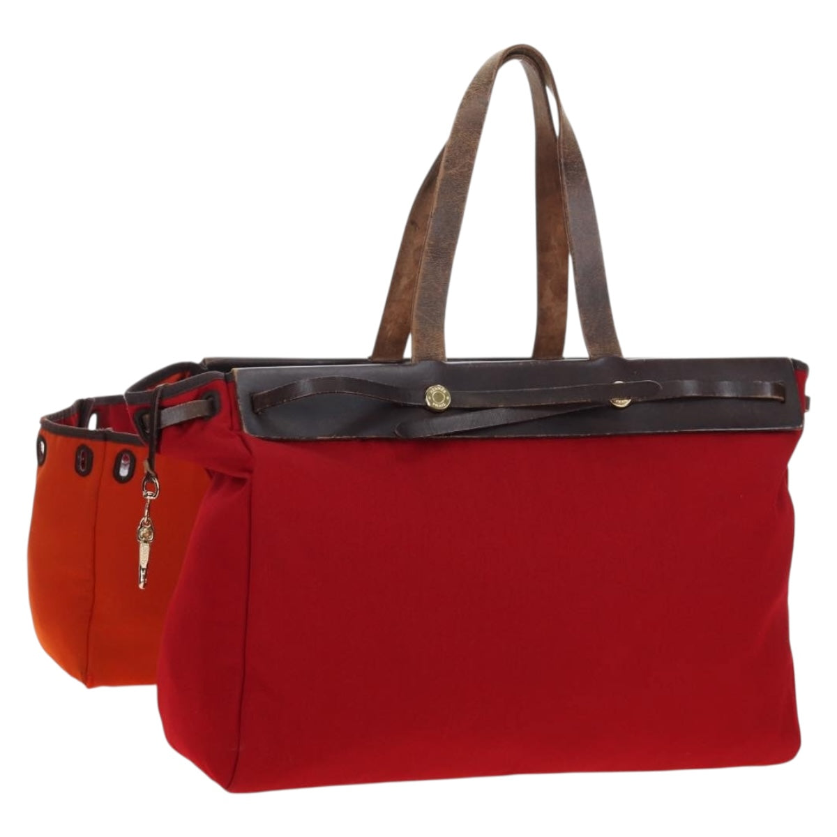 HERMES Herbag Cabas MM Hand Bag Canvas Leather Red Gold Auth bs36333