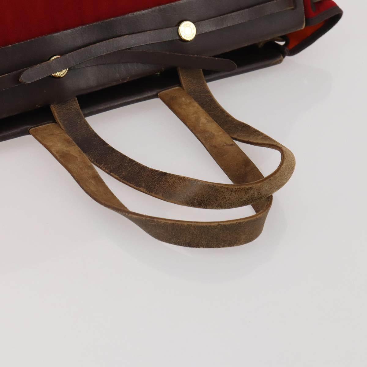 HERMES Herbag Cabas MM Hand Bag Canvas Leather Red Gold Auth bs36333