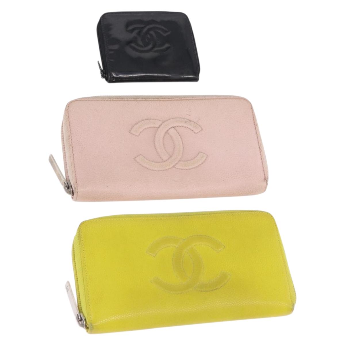 CHANEL Wallet Leather Caviar Skin 3 Set Black Pink Yellow CC Auth bs36349