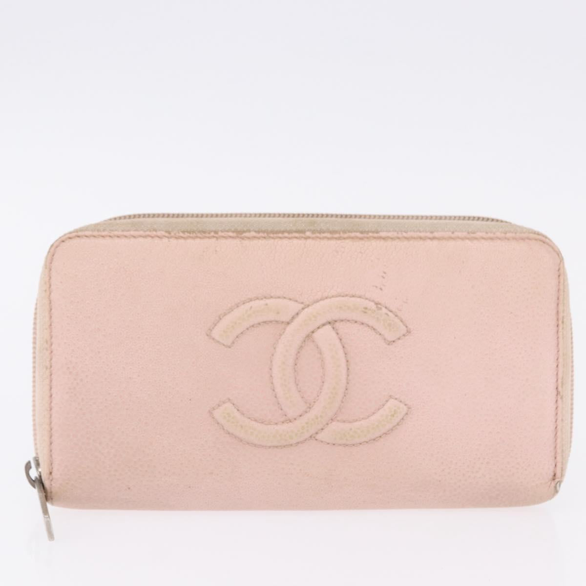 CHANEL Wallet Leather Caviar Skin 3 Set Black Pink Yellow CC Auth bs36349