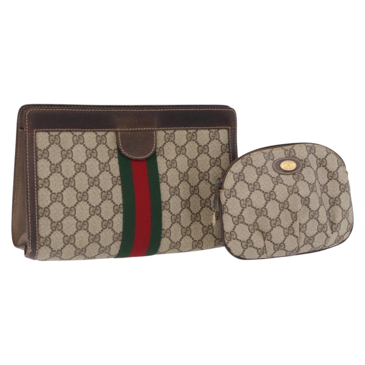GUCCI GG Supreme Web Sherry Line Clutch Bag PVC 2 Set Beige Auth bs36351