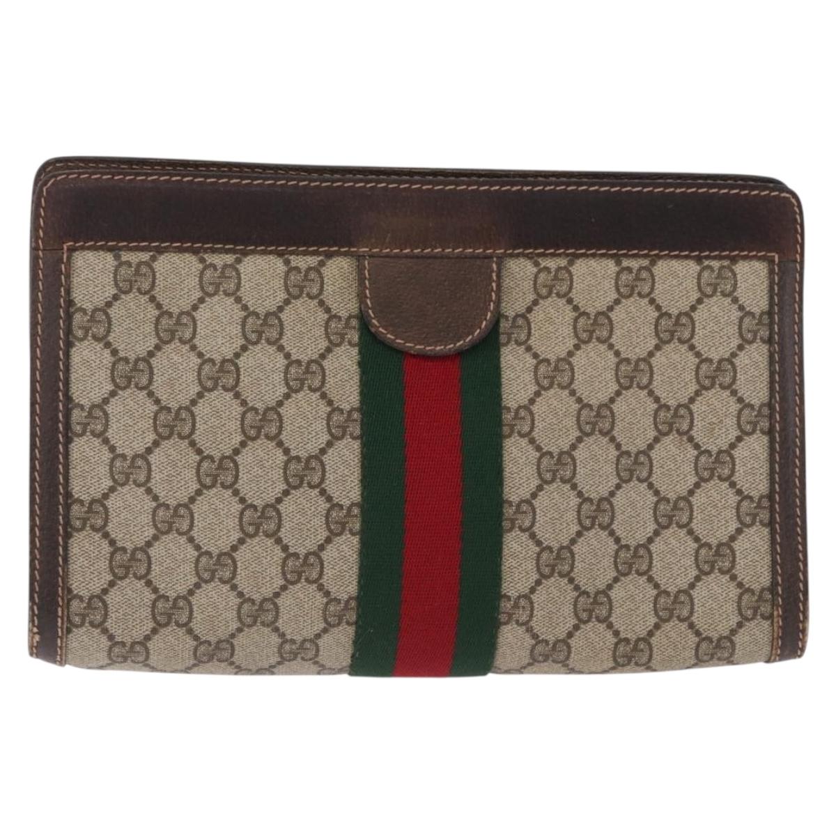 GUCCI GG Supreme Web Sherry Line Clutch Bag PVC 2 Set Beige Auth bs36351