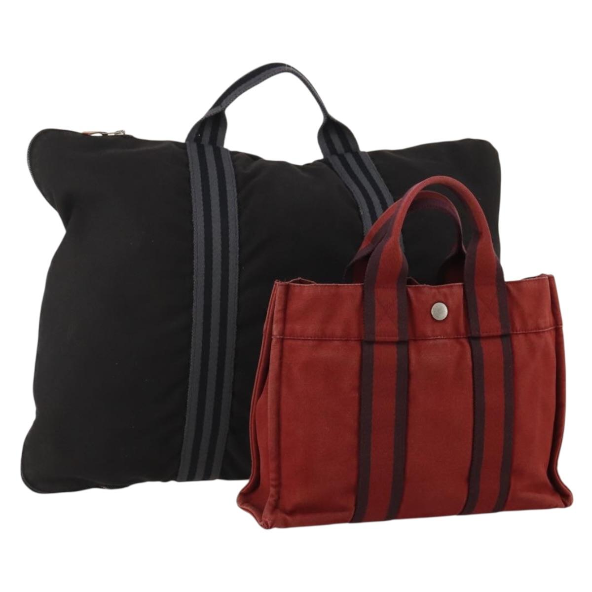HERMES Hand Bag Canvas 2 Set Red Black Auth bs36352