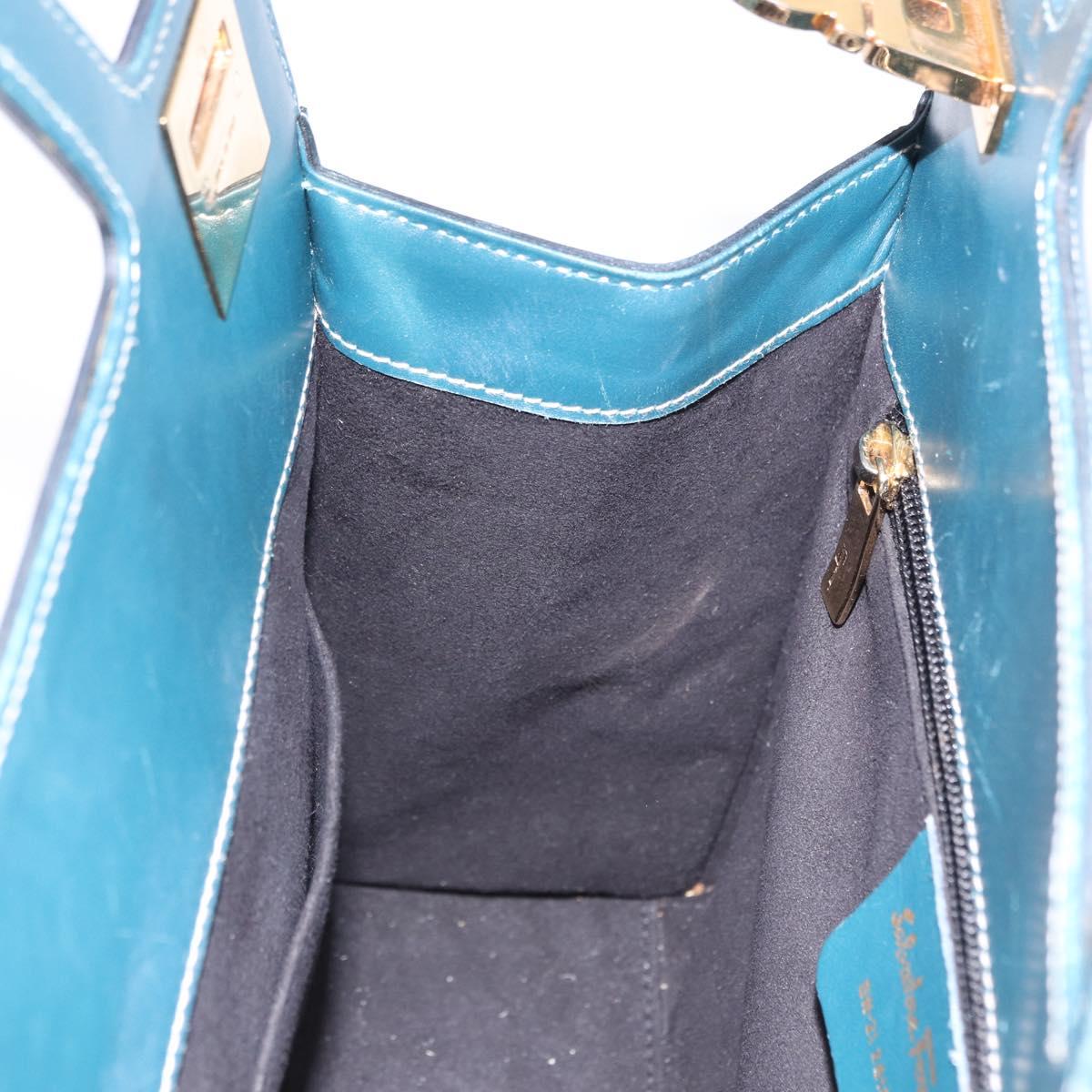 Salvatore Ferragamo Gancini Hand Bag Leather Blue Gold Auth bs36361