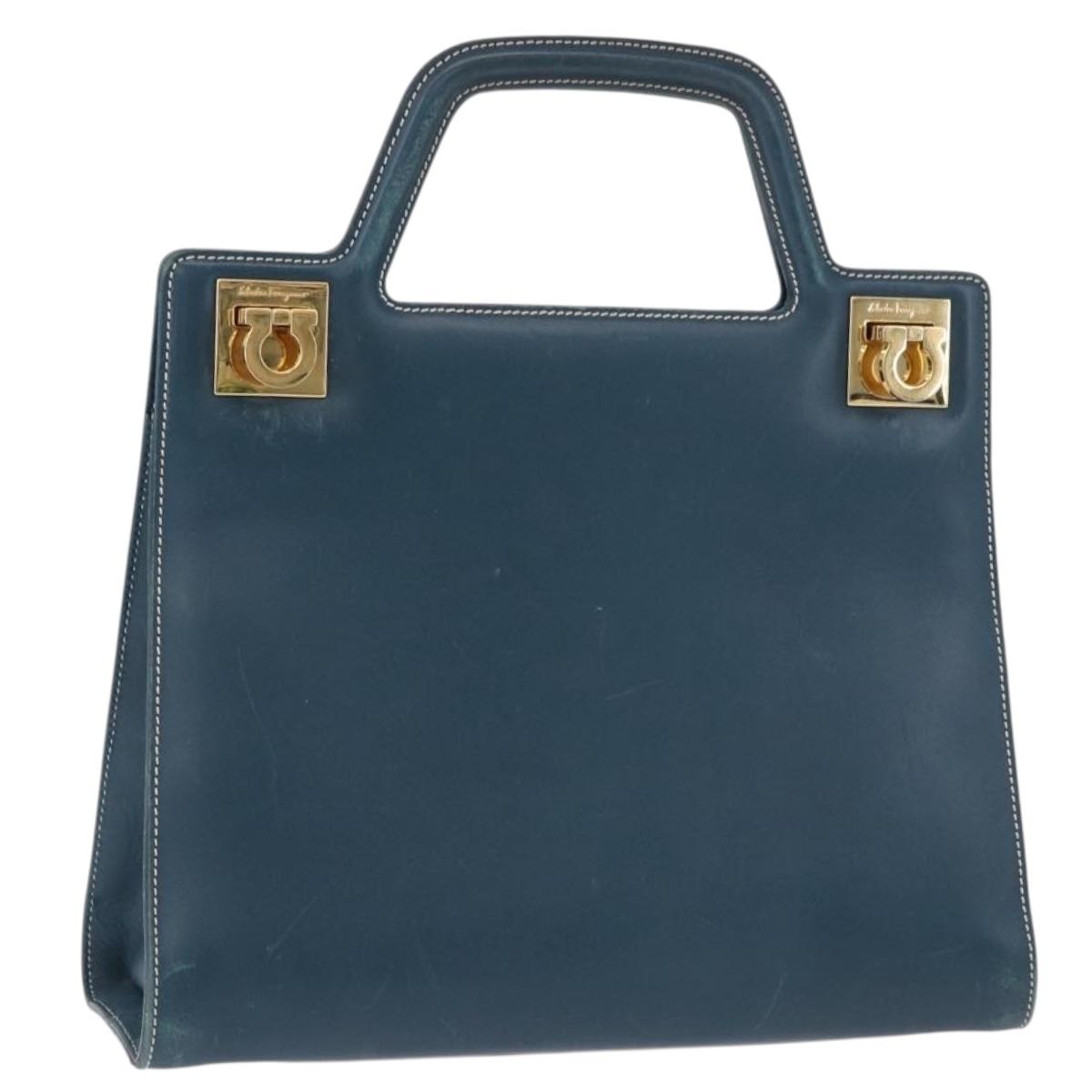 Salvatore Ferragamo Gancini Hand Bag Leather Blue Gold Auth bs36361