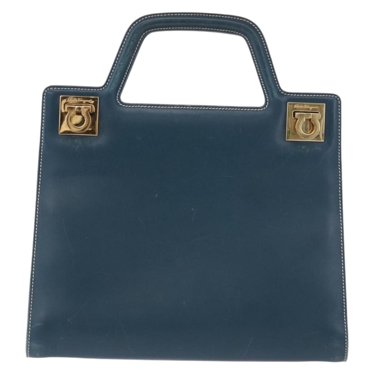 Salvatore Ferragamo Gancini Hand Bag Leather Blue Gold Auth bs36361