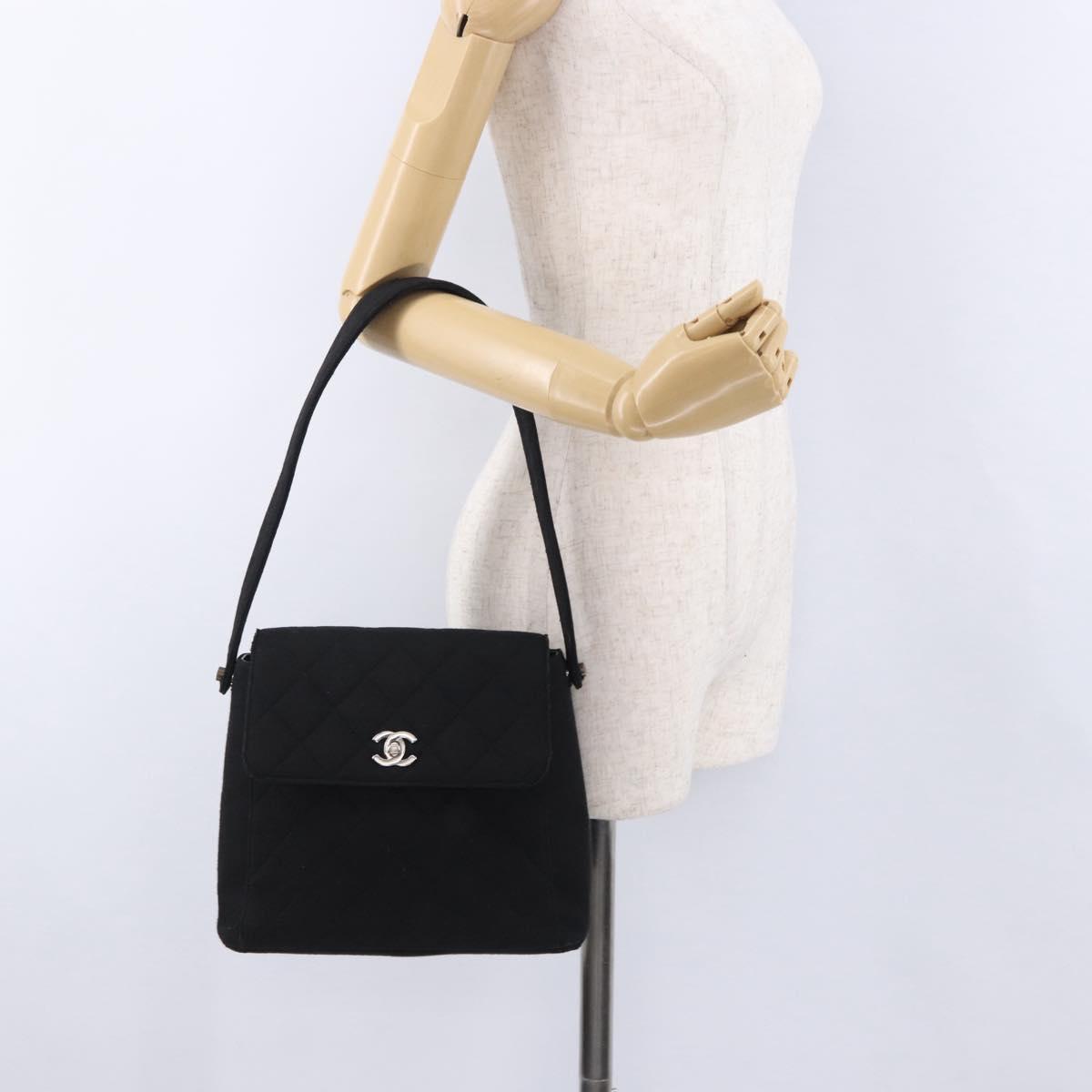 CHANEL Matelasse Hand Bag Cotton Black Silver CC Auth bs36363
