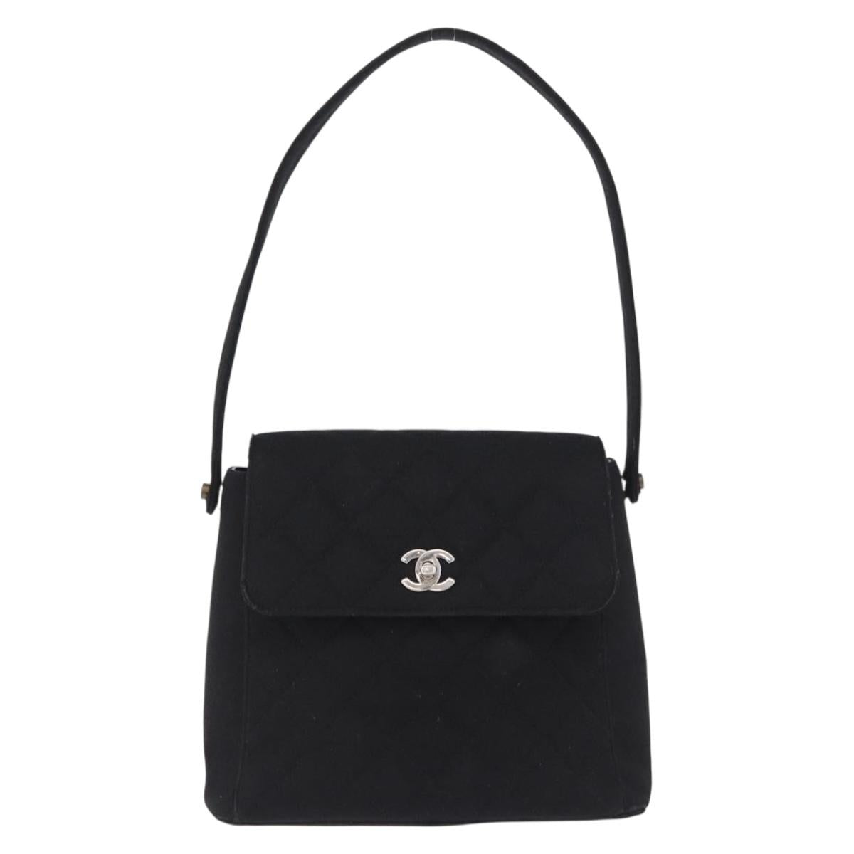 CHANEL Matelasse Hand Bag Cotton Black Silver CC Auth bs36363