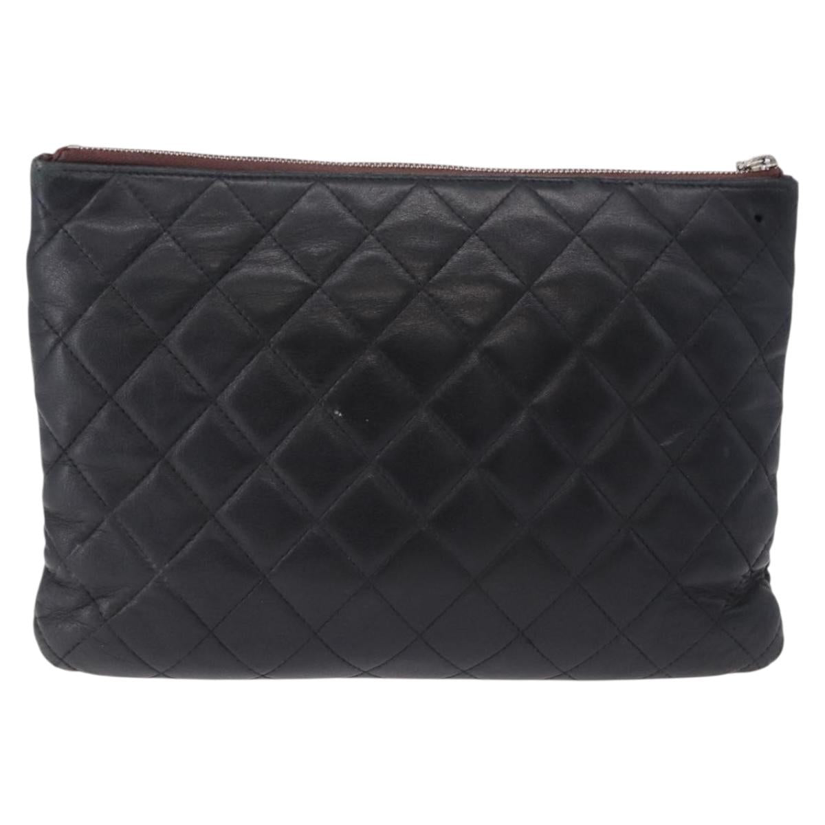 CHANEL Matelasse Clutch Bag Lamb Skin Black Silver CC Auth bs36365