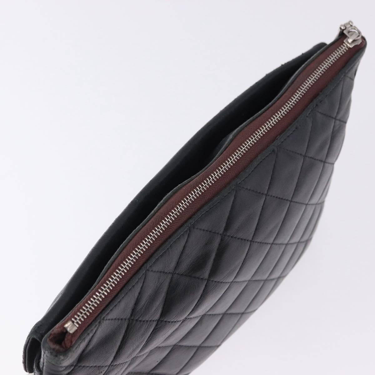 CHANEL Matelasse Clutch Bag Lamb Skin Black Silver CC Auth bs36365