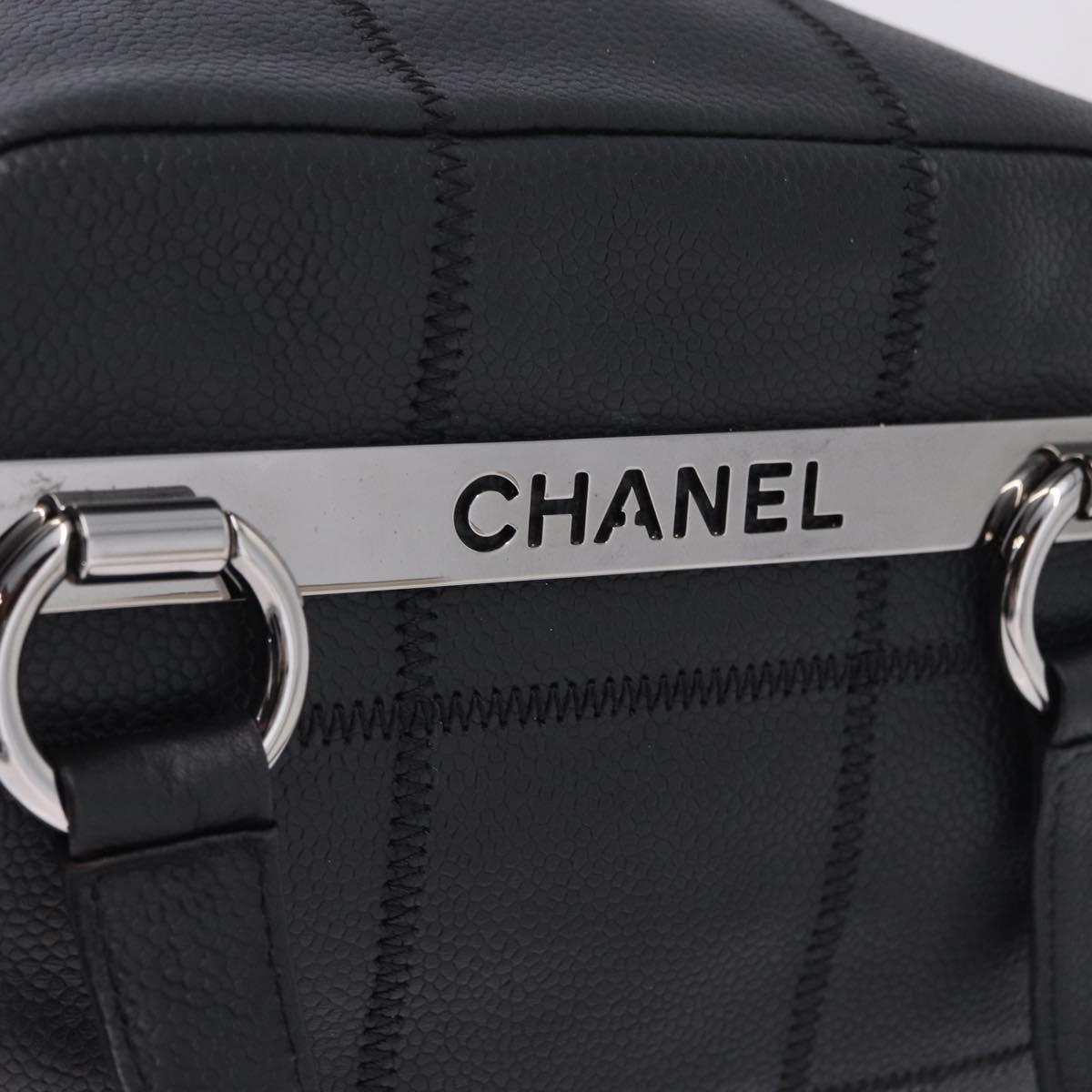 CHANEL Choco Bar Hand Bag Caviar Skin Black Silver CC Auth bs36366