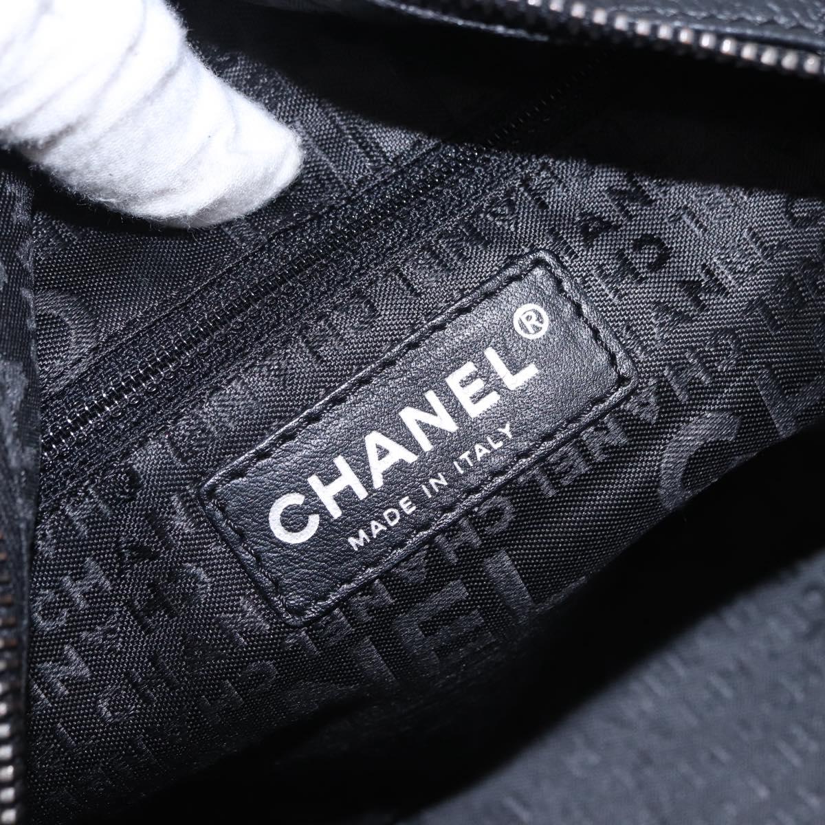 CHANEL Choco Bar Hand Bag Caviar Skin Black Silver CC Auth bs36366