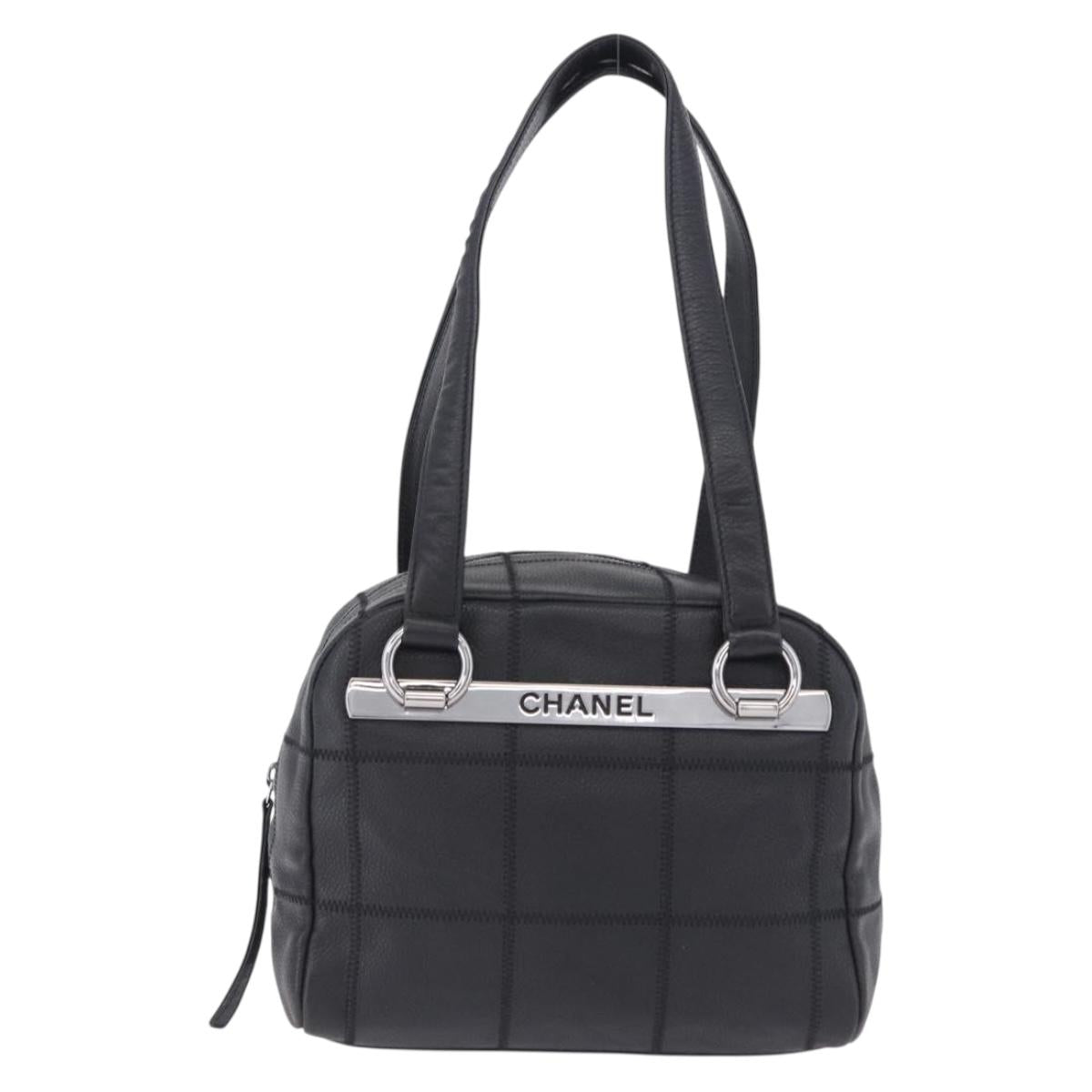CHANEL Choco Bar Hand Bag Caviar Skin Black Silver CC Auth bs36366