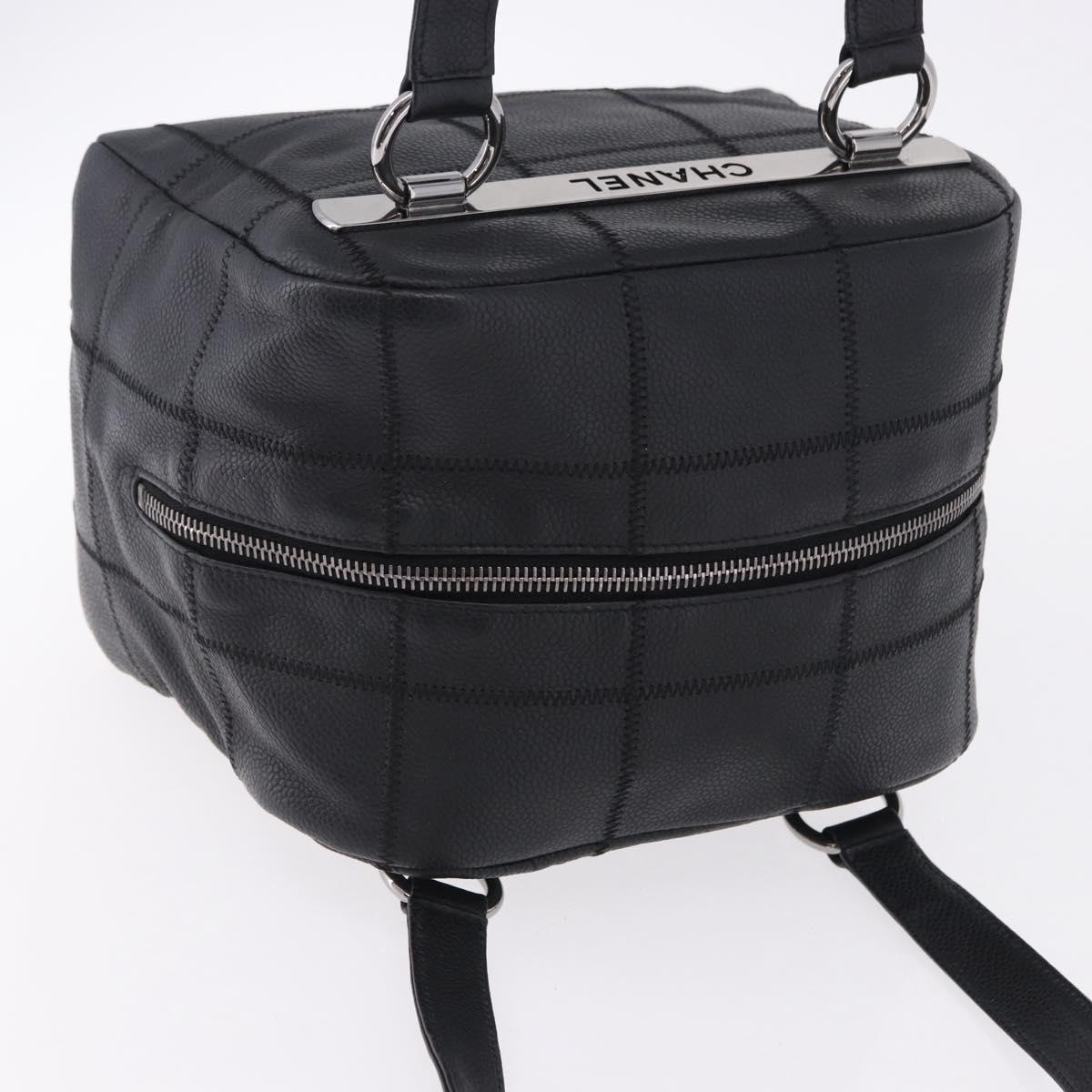 CHANEL Choco Bar Hand Bag Caviar Skin Black Silver CC Auth bs36366