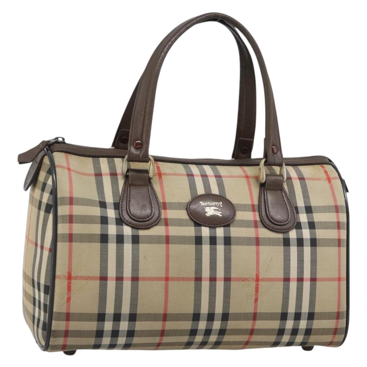 Burberrys Nova Check Boston Bag Canvas Beige Gold Auth bs36369