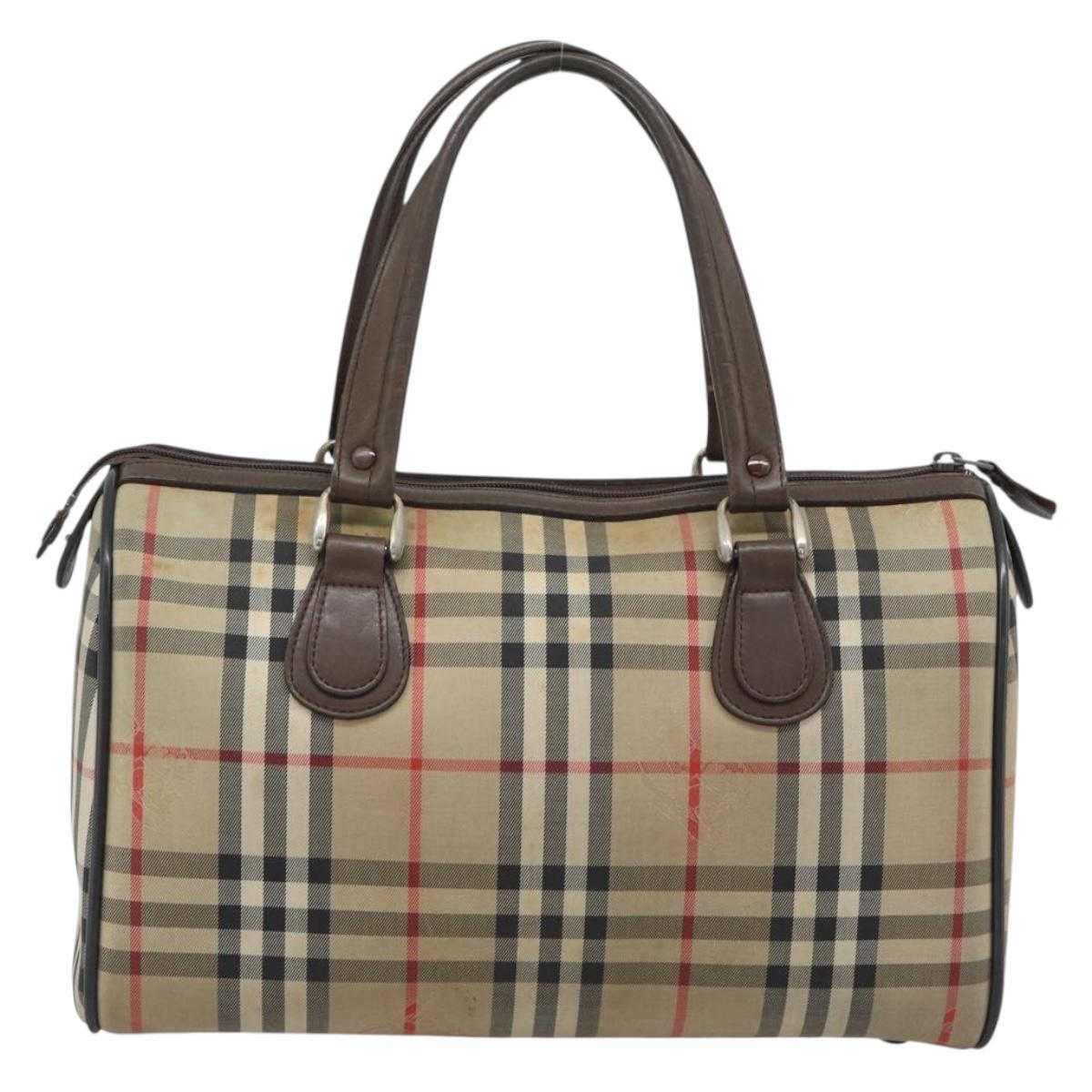 Burberrys Nova Check Boston Bag Canvas Beige Gold Auth bs36369