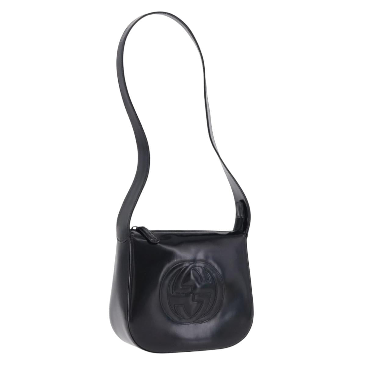 GUCCI Interlocking Shoulder Bag Patent Leather Black 007 2046 0250 Auth bs36370