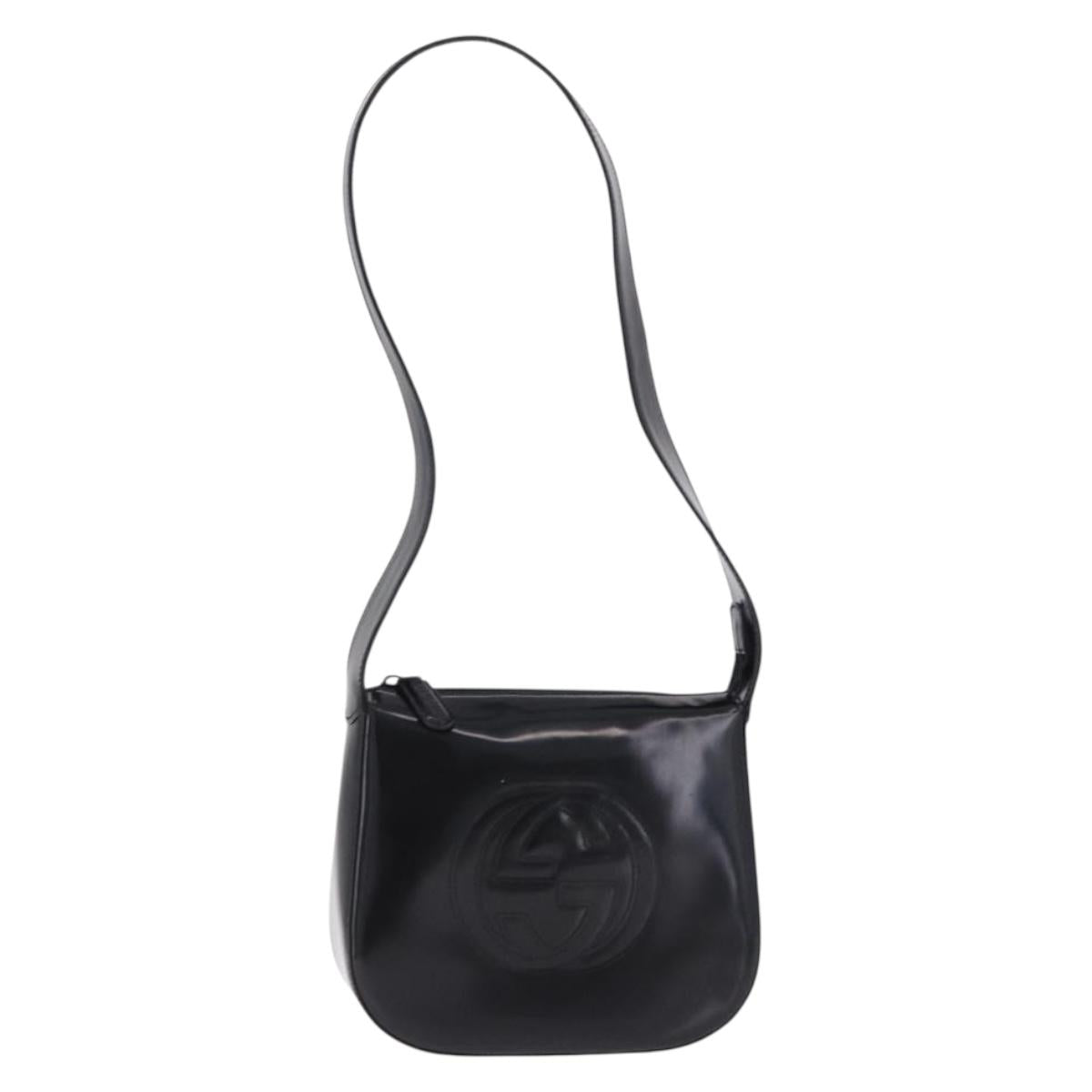 GUCCI Interlocking Shoulder Bag Patent Leather Black 007 2046 0250 Auth bs36370