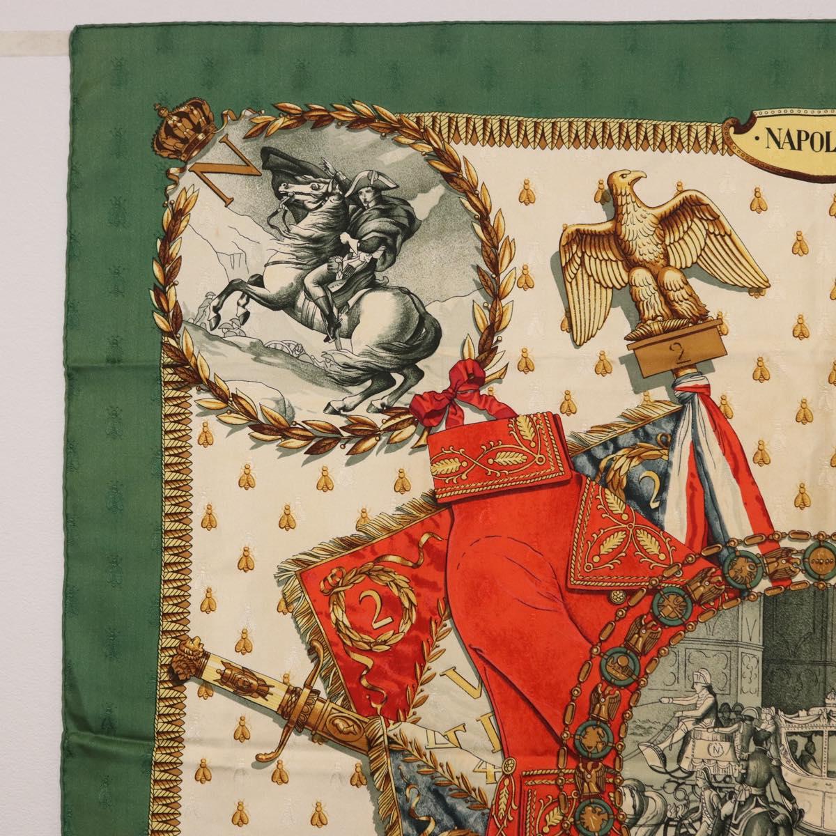 HERMES Carre 90 Scarf Silk ""NAPOLEON"" Green Beige Auth bs36385