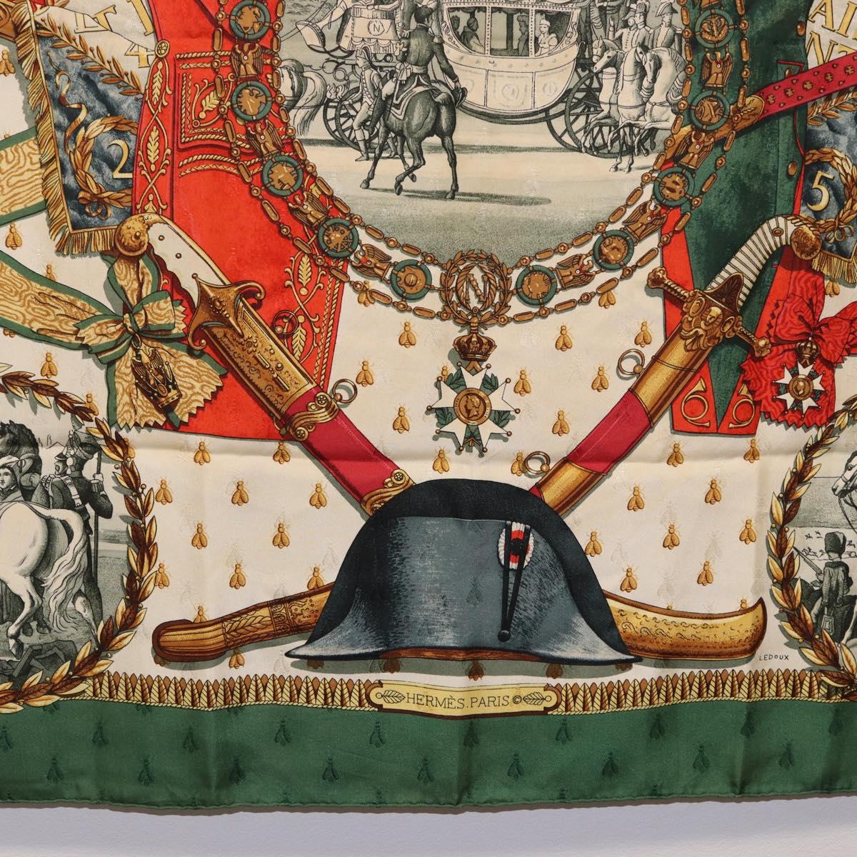 HERMES Carre 90 Scarf Silk ""NAPOLEON"" Green Beige Auth bs36385