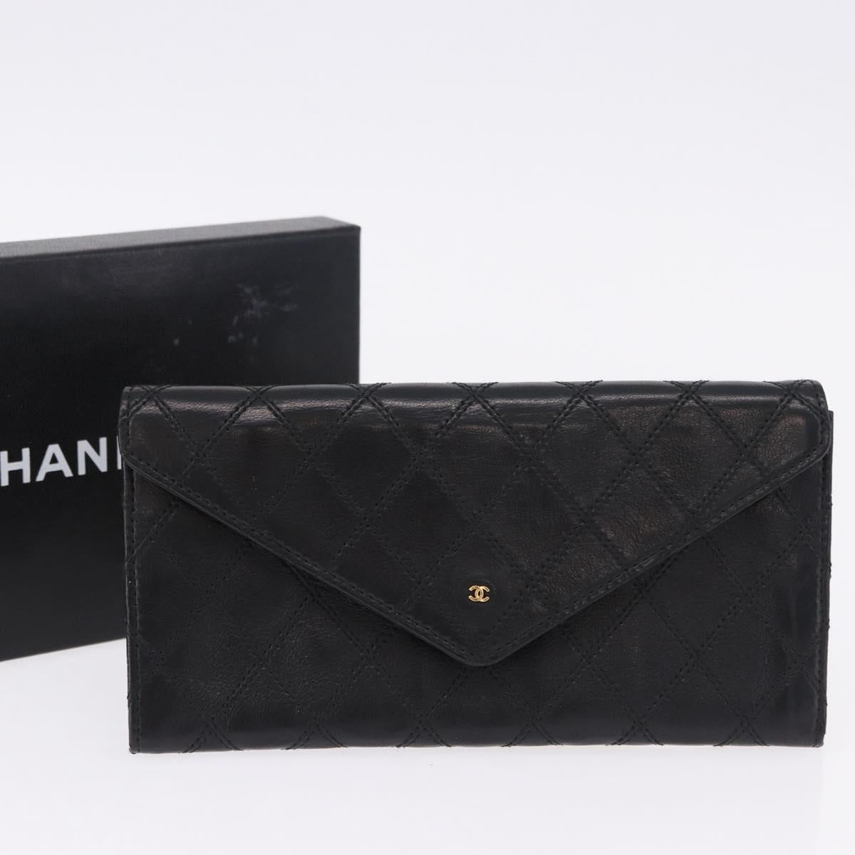 CHANEL Bicolore Long Wallet Lamb Skin Black Gold CC Auth bs36392A