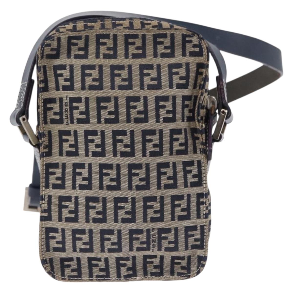FENDI Zucchino Canvas Shoulder Bag Navy Silver Auth bs36393
