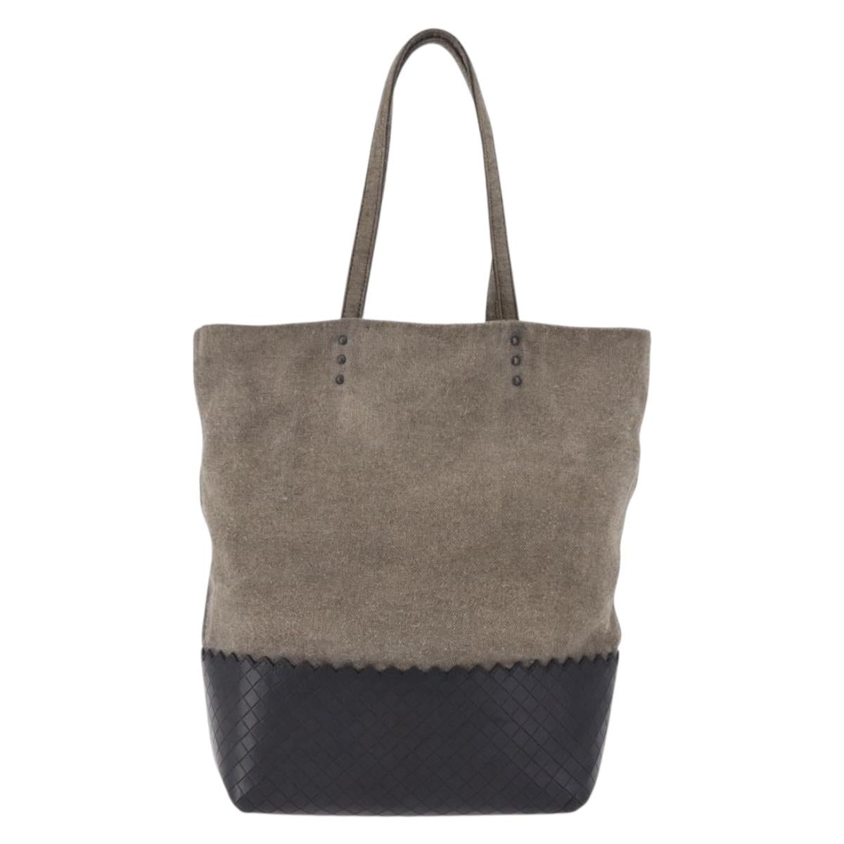 BOTTEGA VENETA INTRECCIATO Hand Bag Canvas Leather Black Beige Auth bs36395