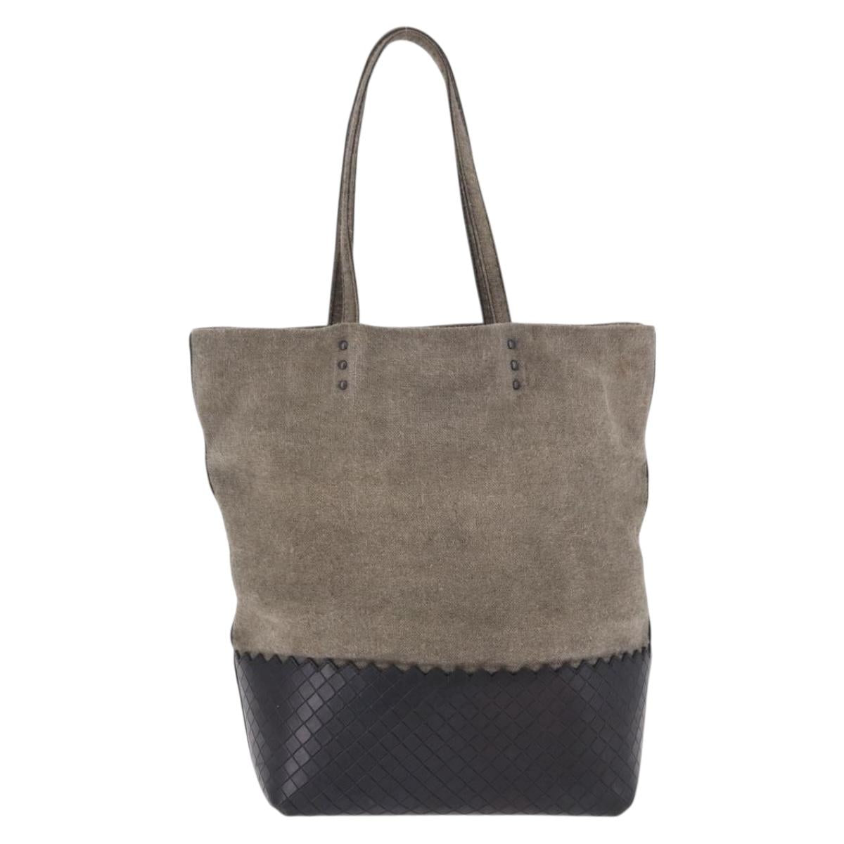 BOTTEGA VENETA INTRECCIATO Hand Bag Canvas Leather Black Beige Auth bs36395