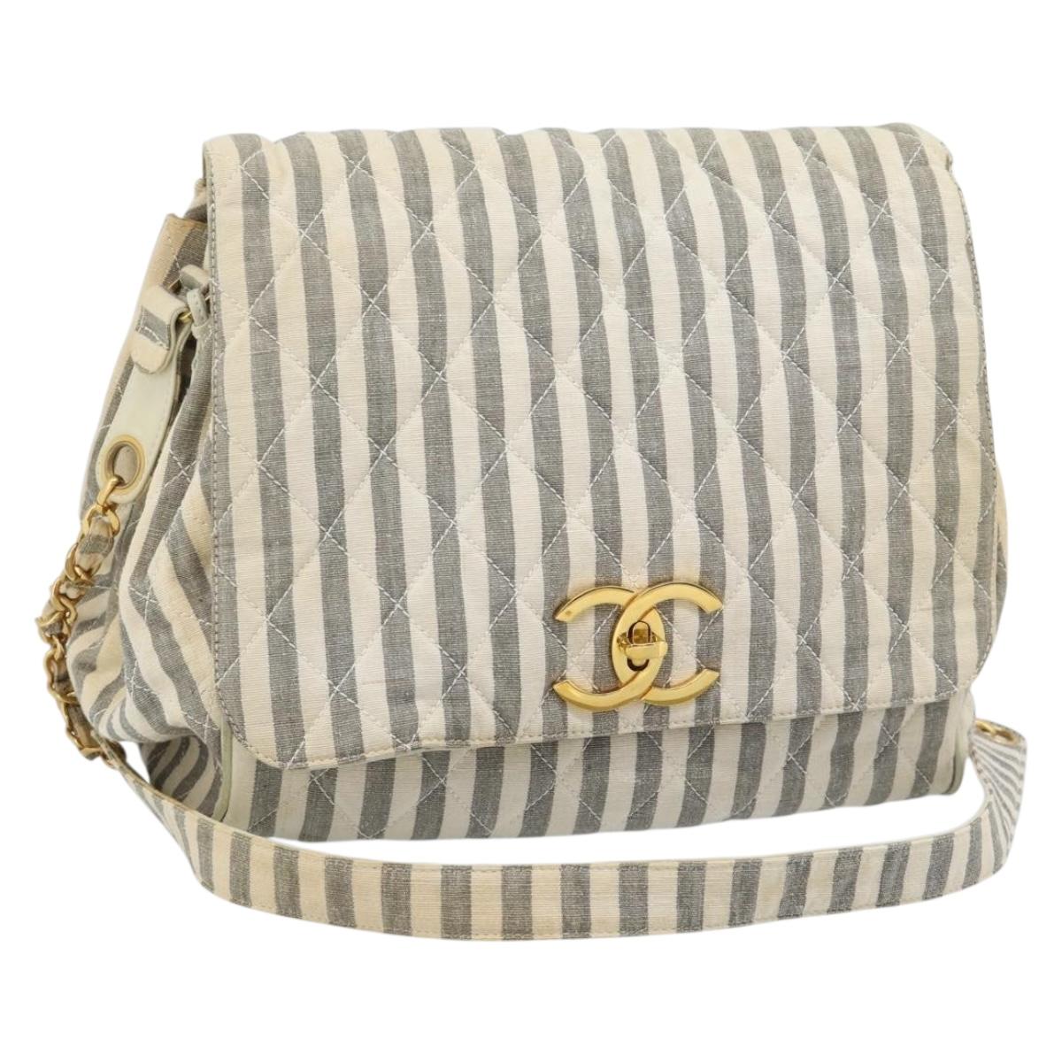 CHANEL Striped Matelasse Chain Shoulder Bag Canvas White Gray CC Auth bs3642