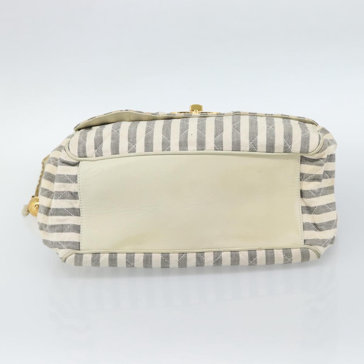 CHANEL Striped Matelasse Chain Shoulder Bag Canvas White Gray CC Auth bs3642