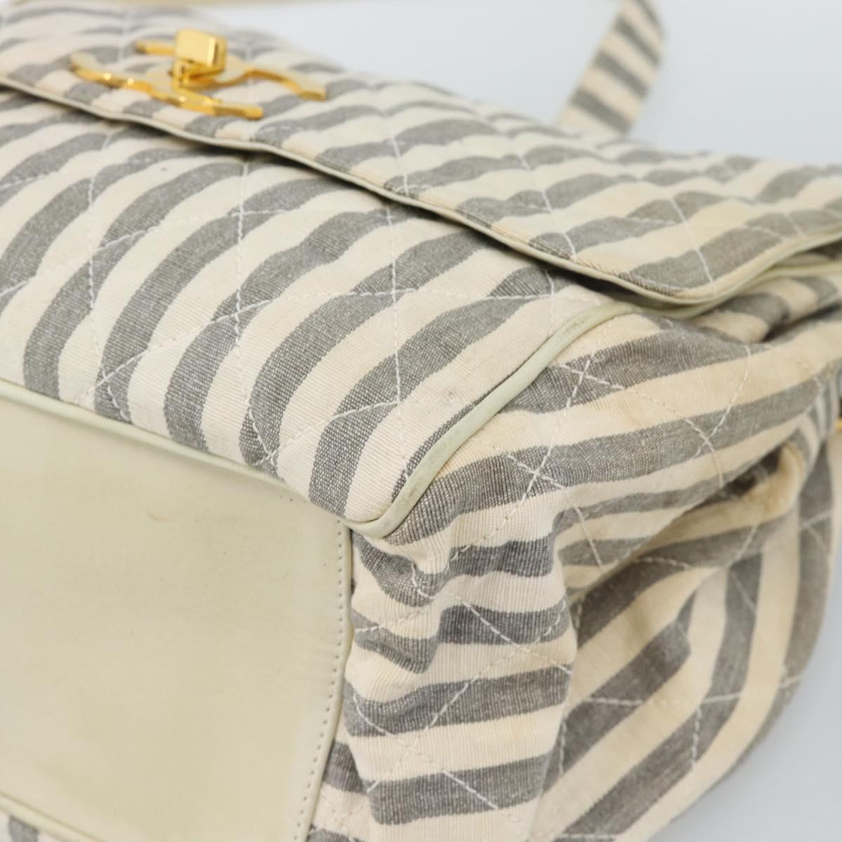 CHANEL Striped Matelasse Chain Shoulder Bag Canvas White Gray CC Auth bs3642
