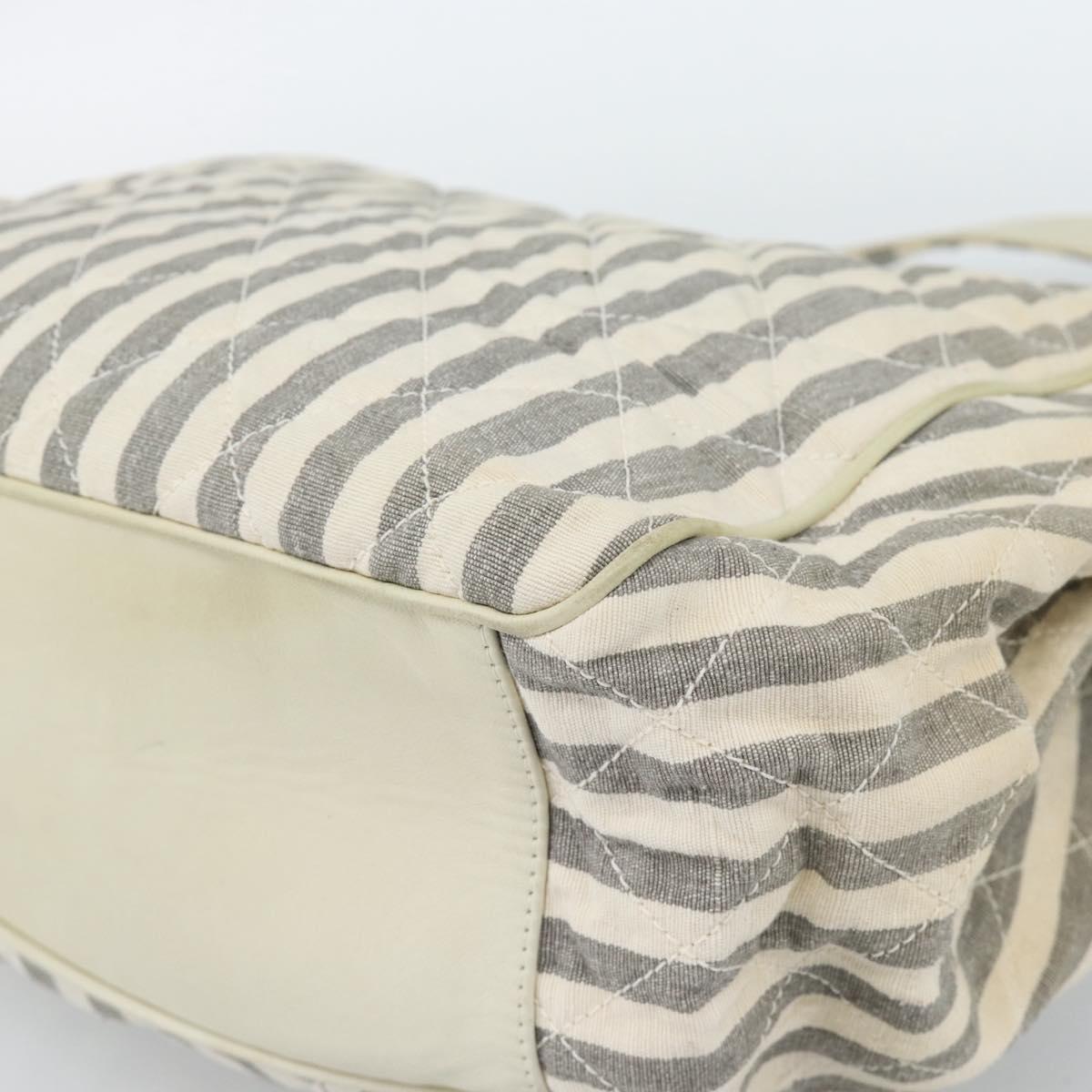 CHANEL Striped Matelasse Chain Shoulder Bag Canvas White Gray CC Auth bs3642