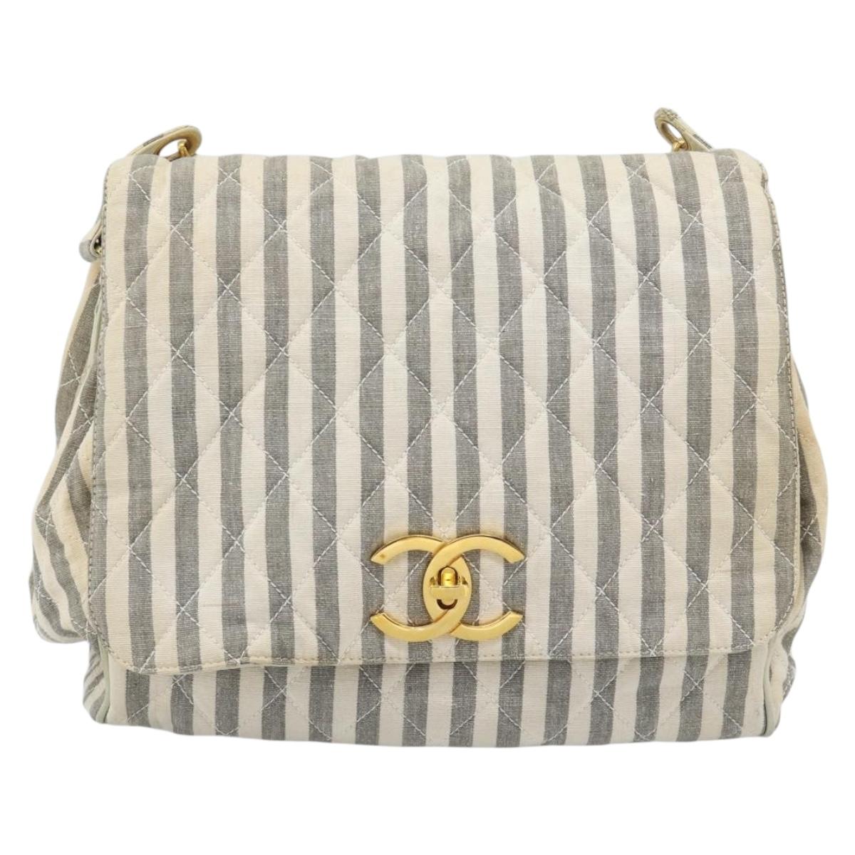 CHANEL Striped Matelasse Chain Shoulder Bag Canvas White Gray CC Auth bs3642