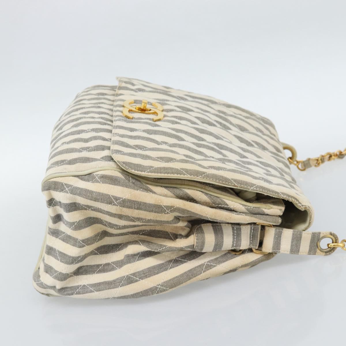 CHANEL Striped Matelasse Chain Shoulder Bag Canvas White Gray CC Auth bs3642