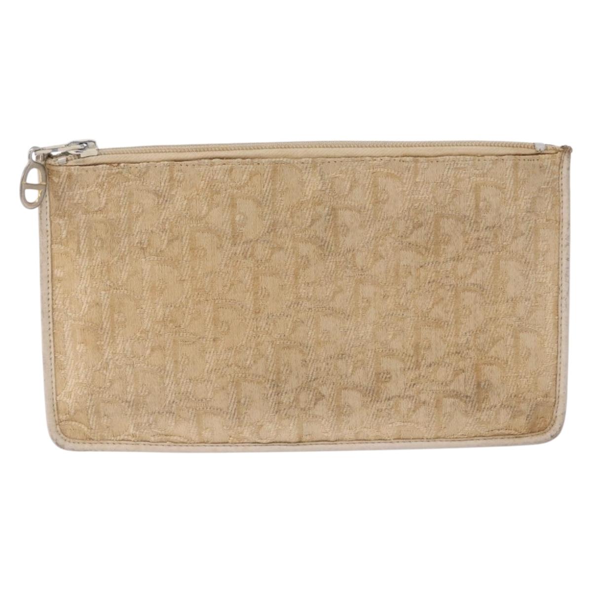 Christian Dior Trotter Canvas Pouch Beige Gold Auth bs36424
