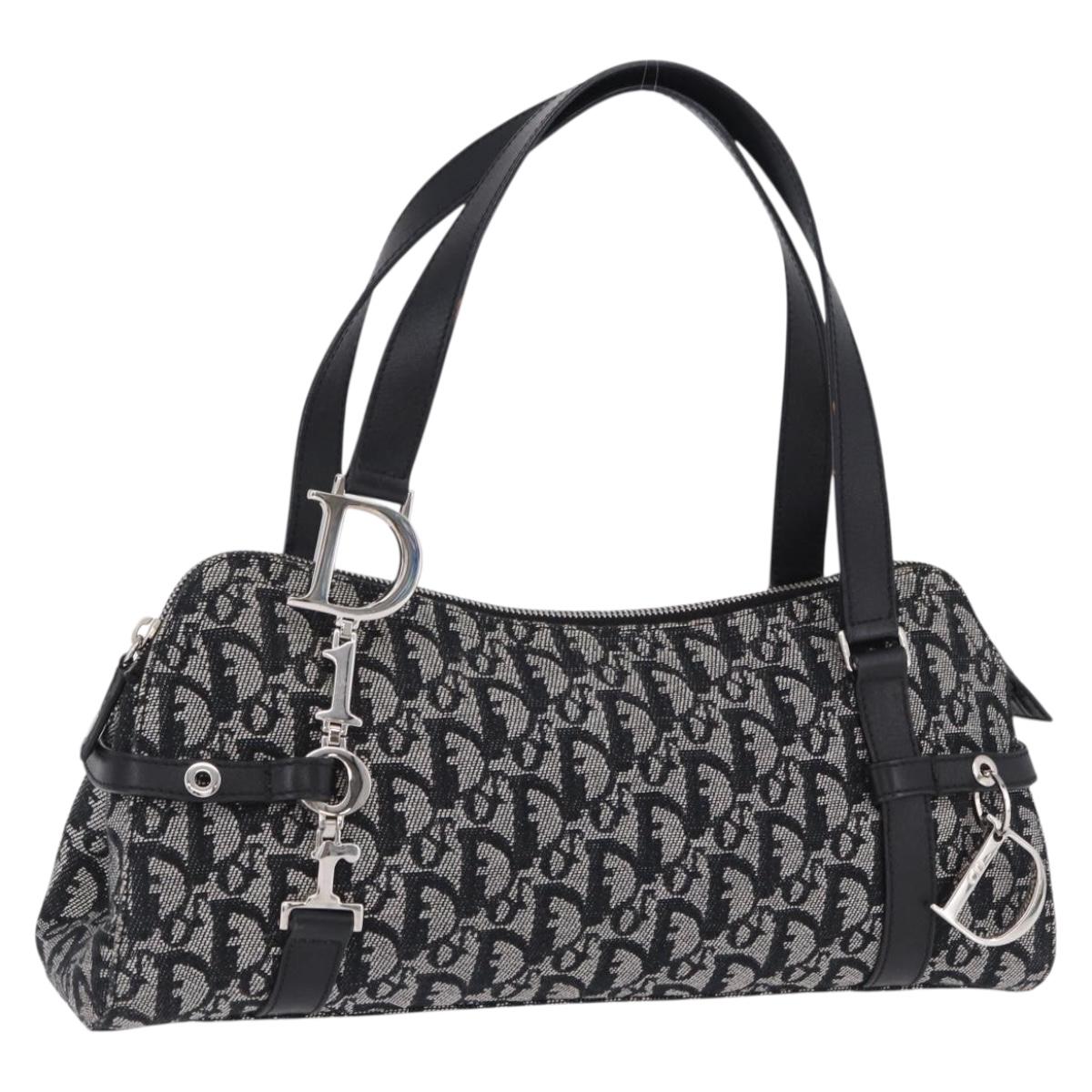 Christian Dior Trotter Canvas Hand Bag Black Silver Auth bs36425V