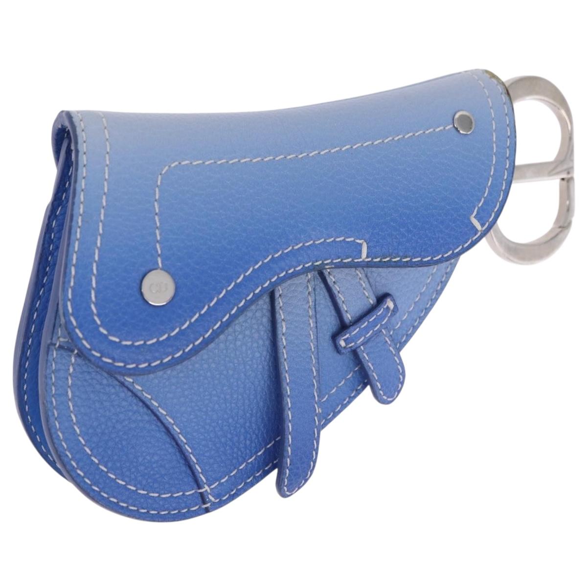 Christian Dior Saddle Pouch Leather Blue Silver Auth bs36430V