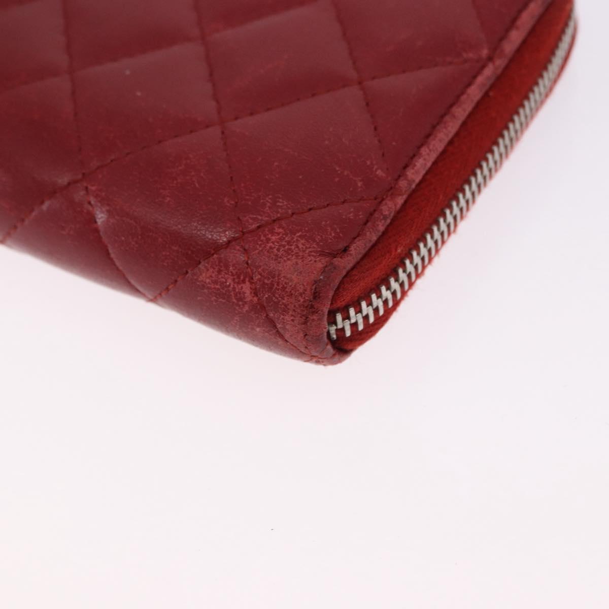 CHANEL Matelasse Long Wallet Lamb Skin Red Silver CC Auth bs36449