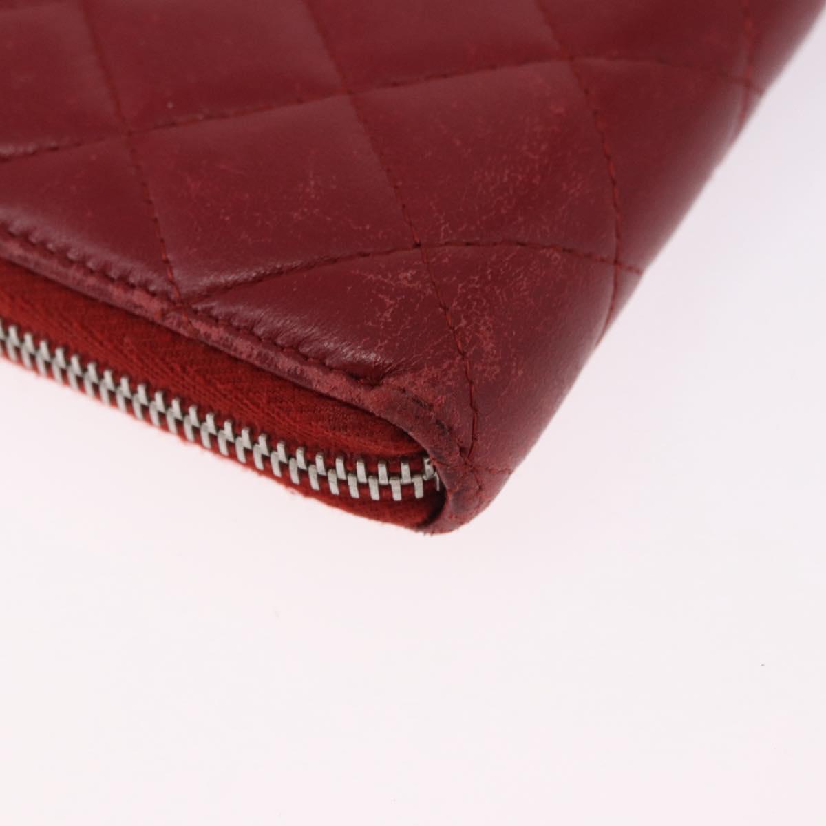 CHANEL Matelasse Long Wallet Lamb Skin Red Silver CC Auth bs36449