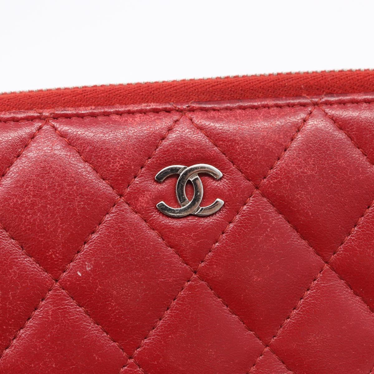 CHANEL Matelasse Long Wallet Lamb Skin Red Silver CC Auth bs36449
