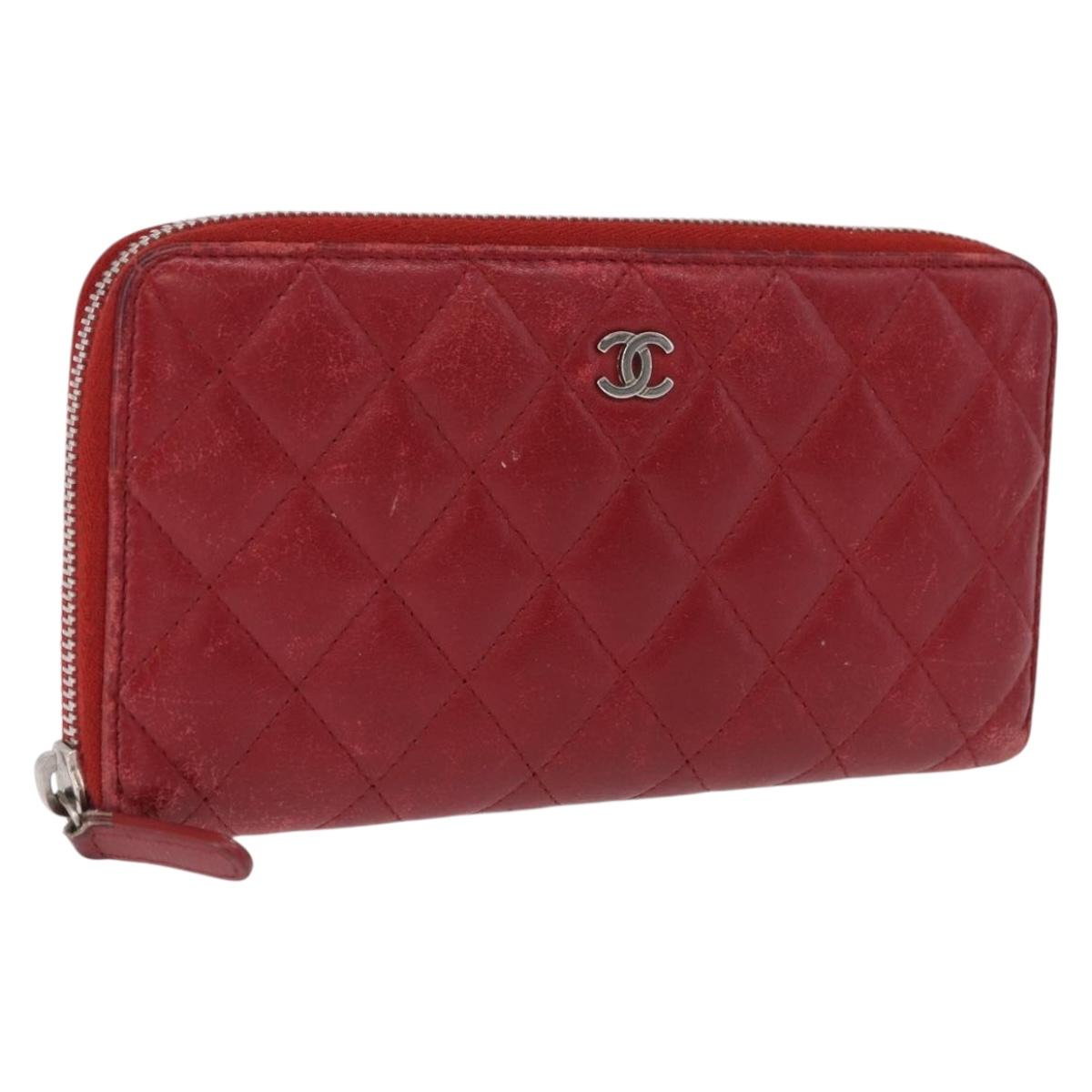 CHANEL Matelasse Long Wallet Lamb Skin Red Silver CC Auth bs36449
