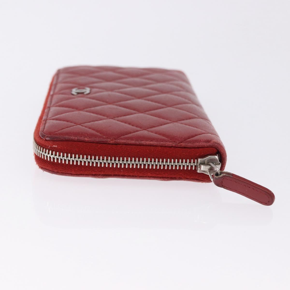 CHANEL Matelasse Long Wallet Lamb Skin Red Silver CC Auth bs36449