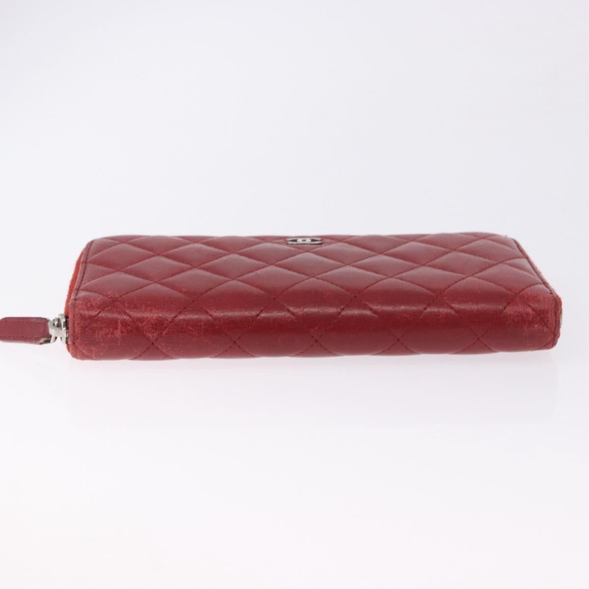 CHANEL Matelasse Long Wallet Lamb Skin Red Silver CC Auth bs36449