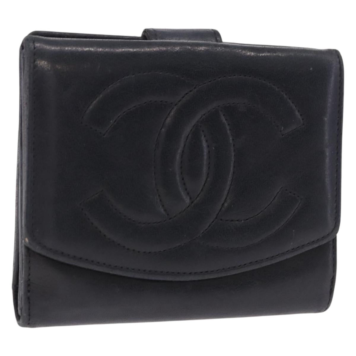 CHANEL COCO Mark Bifold Wallet Leather Black Gold CC Auth bs36464
