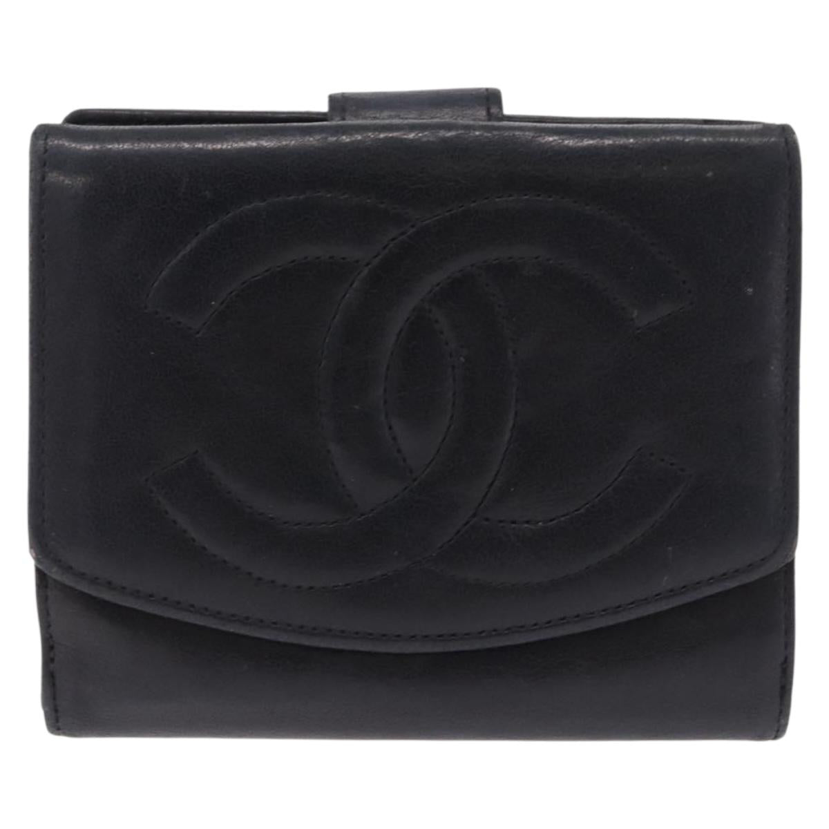 CHANEL COCO Mark Bifold Wallet Leather Black Gold CC Auth bs36464