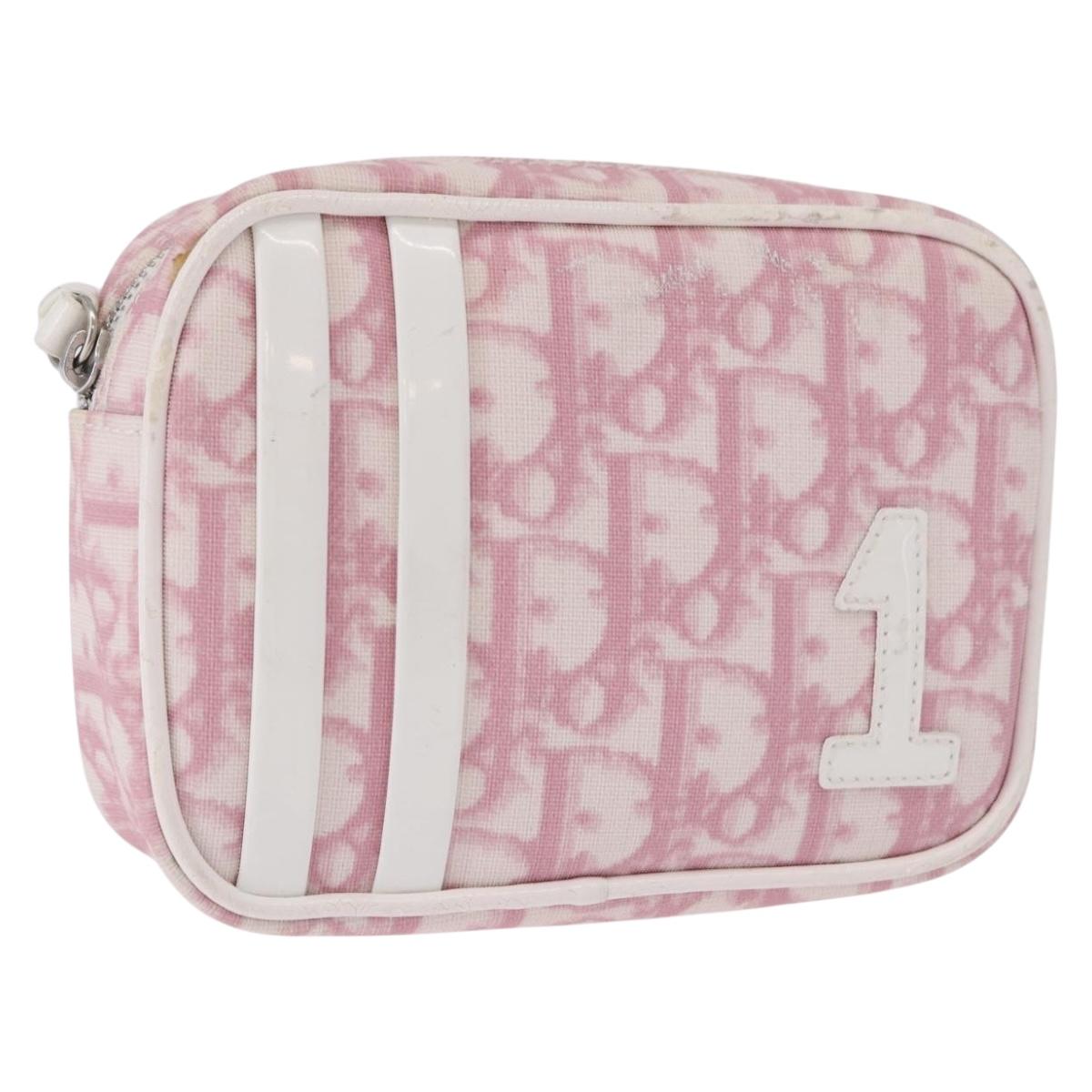 Christian Dior Trotter Canvas Pouch PVC Pink Silver Auth bs36488