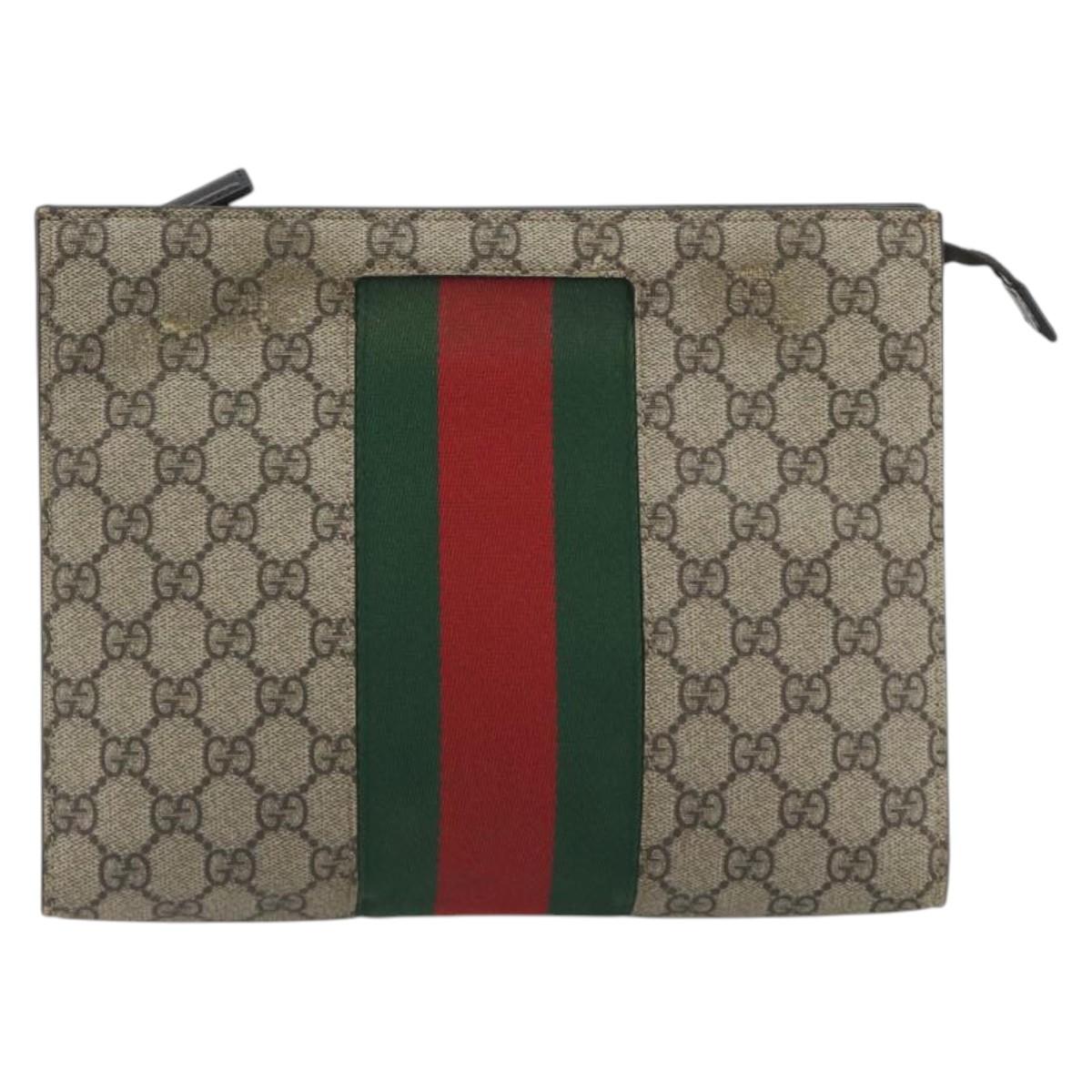GUCCI GG Supreme Web Sherry Line Clutch Bag PVC Beige Silver 475316 Auth bs36489