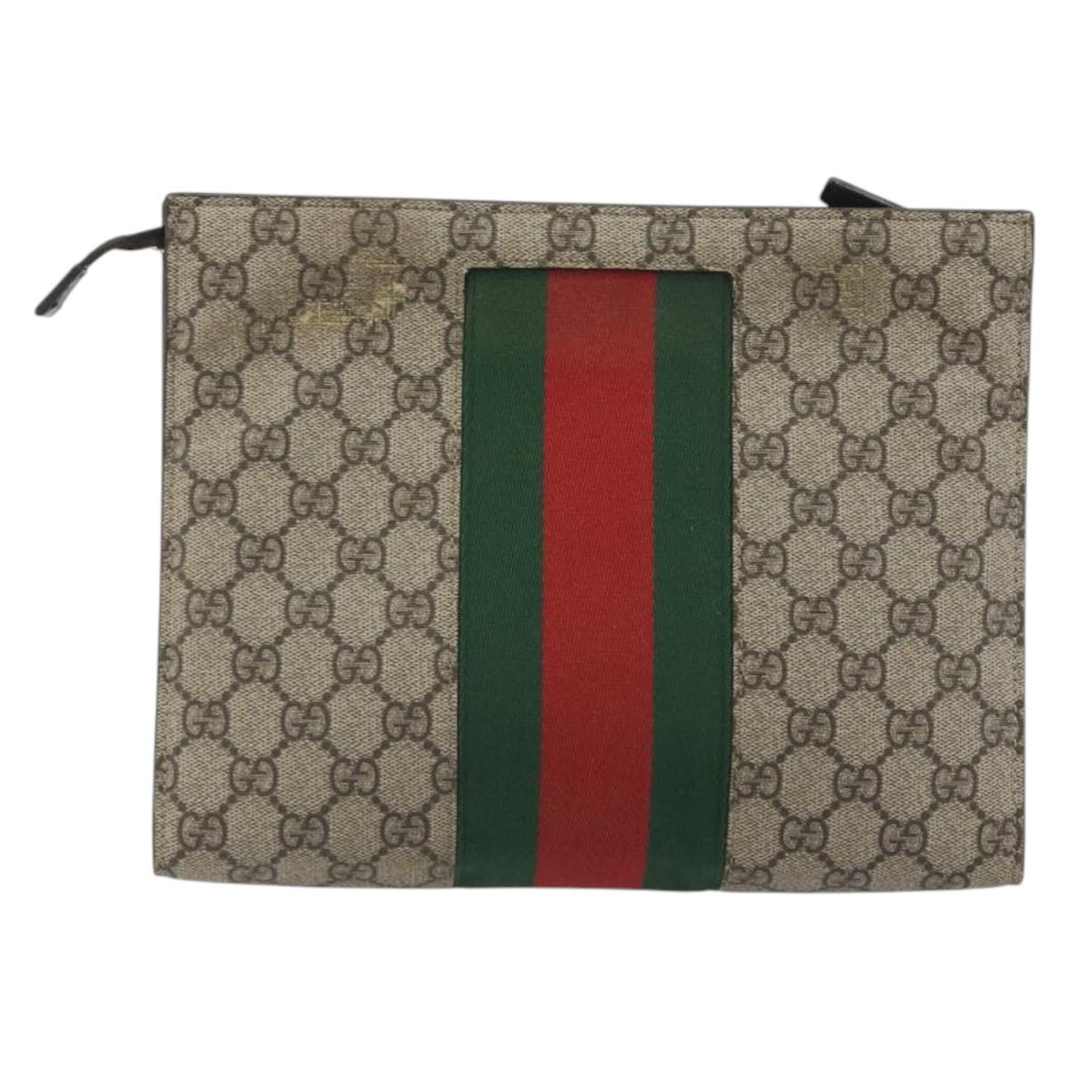 GUCCI GG Supreme Web Sherry Line Clutch Bag PVC Beige Silver 475316 Auth bs36489