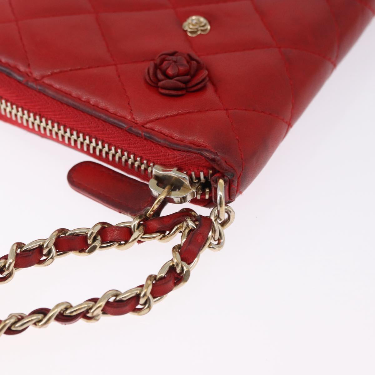 CHANEL Matelasse Camelia Long Wallet Lamb Skin Red Gold CC Auth bs36502